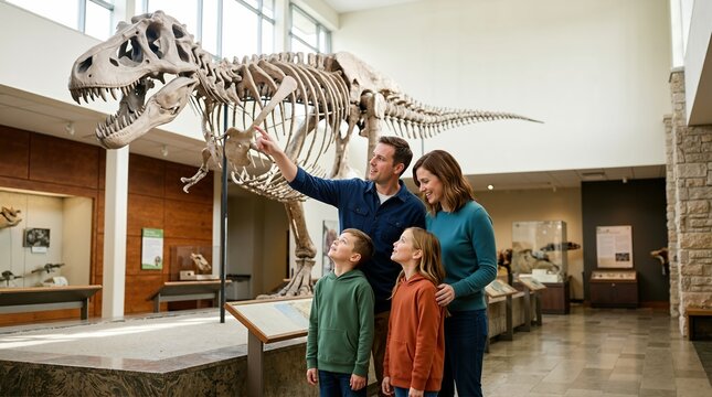 Family looking at a dinosaur skeleton in a natural history museum. Parents and children exploring a paleontology exhibit. Education and learning concept