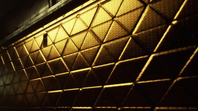 The scene shows a textured metal surface with a diamond pattern. The surface is illuminated by warm light, creating a striking visual effect in a dark area.