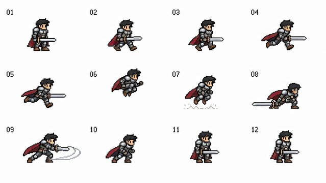 Pixel art sprite sheet showing twelve sword-wielding fantasy knight animations on a white background.