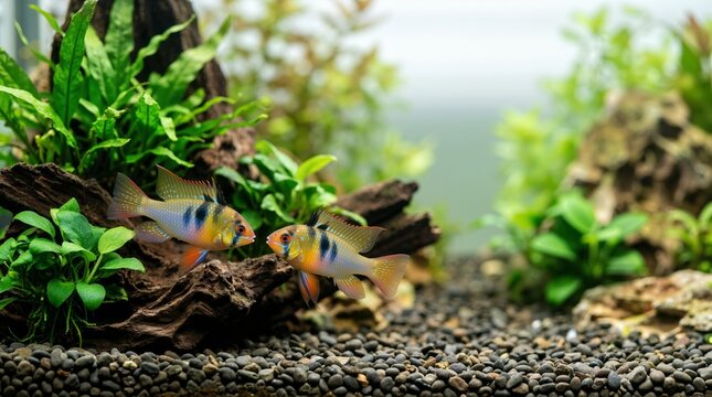 Two colorful Ram cichlids displaying territorial behavior in an aquarium. Tropical freshwater fish facing each other over a gravel substrate. Aquatic pet keeping concept