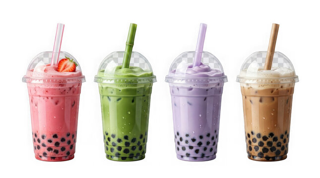 Four different flavors of bubble tea in plastic cups isolated on transparent background