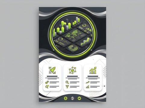Futuristic business infographic flyer, modern data visualization brochure template, lime green and black corporate report layout