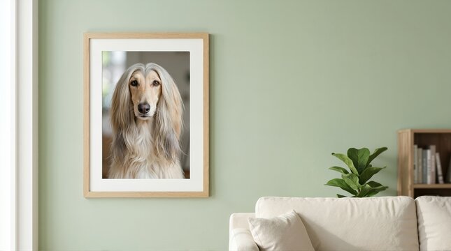 Framed portrait of an Afghan Hound hanging on a living room wall. Wooden picture frame displayed above a beige sofa. Home interior decoration and pet tribute concept