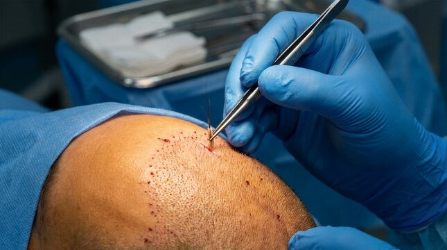 Detailed medical operation showing follicular unit extraction process with specialist doctor hands placing individual hair grafts into sparse head area using surgical instruments