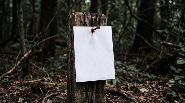 Blank white paper note nailed to weathered wooden post in dense dark forest setting stands out as outdoor warning or message board
