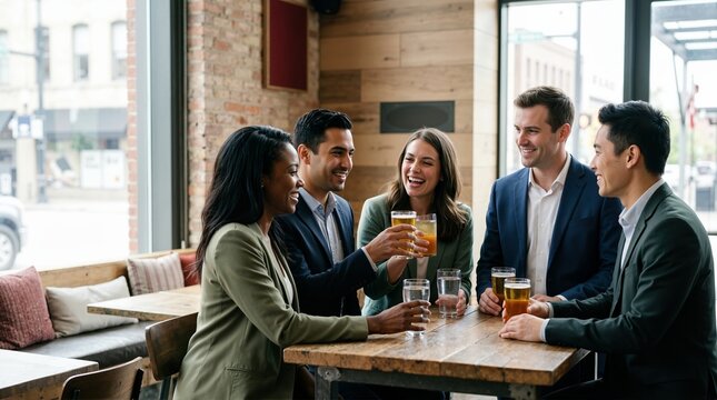 Group of colleagues grabbing drinks at a bar. Diverse business professionals socializing and laughing after work. Corporate team building and networking concept
