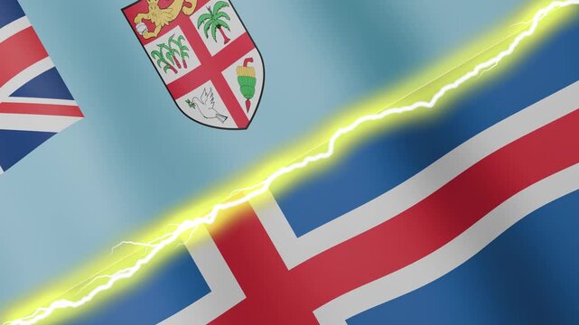 Two waving flags Fiji and Iceland with diagonal lightning seamless, 4k loop