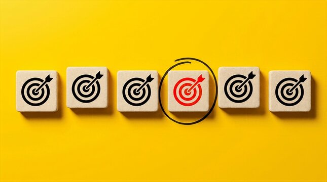 Wooden blocks on vibrant yellow background featuring black target icons with one distinct red bullseye circled for business strategy goal setting and competitive advantage concept
