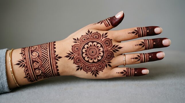 Detailed henna patterns beautifully decorate a woman s hand and wrist showcasing a lovely traditional form of body art and cultural expression