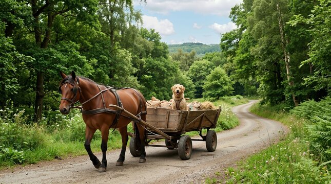 Brown horse pulling a wooden cart with a golden retriever on a country road. Rural transportation and working animals in a forest