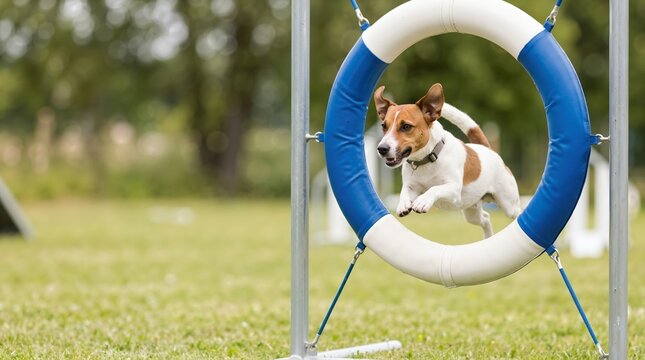 Jack Russell Terrier leaping through a blue and white agility tire. Mid-air action of a dog on an outdoor obstacle course