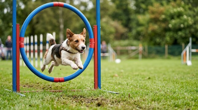 Jack Russell Terrier jumping through an agility hoop. Mid-air action shot of a dog training on an obstacle course
