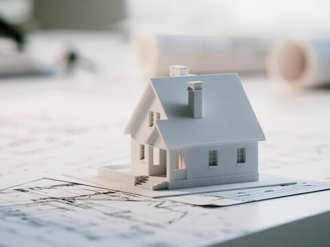 詳細な設計図面を背景に置かれたスタイリッシュな白い住宅模型