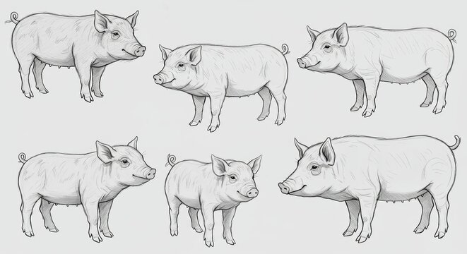 Detailed Sketch Illustrations of Pigs