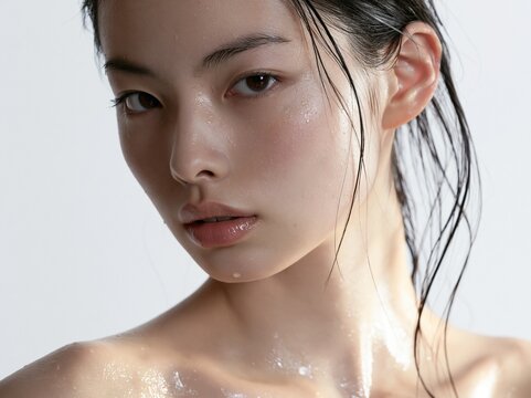透明感のある美しい鎖骨とすっぴん風美肌が際立つ女性の正面ポートレート