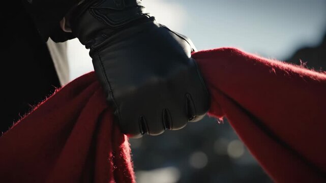 Close-up of a hand in a black leather glove gripping a red scarf. Person pulling a knit winter accessory in a cold outdoor setting. Winter fashion and protection concept