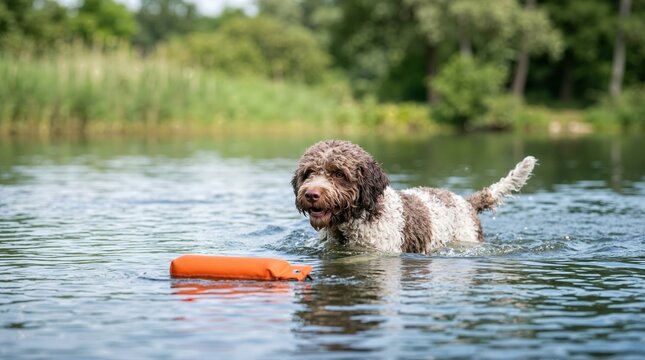 Lagotto Romagnolo dog swimming in a lake with a floating toy. Brown and white water dog retrieving an orange training dummy