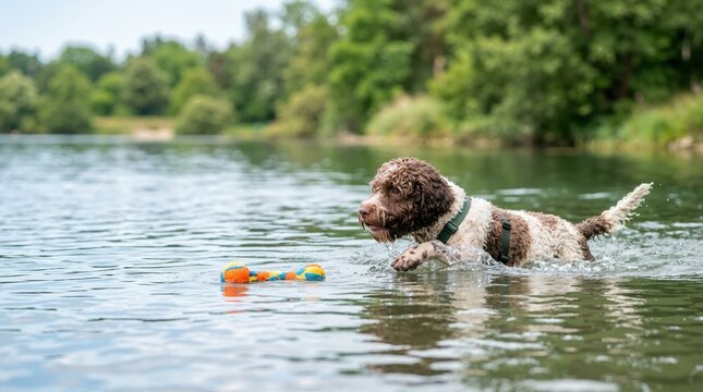 Lagotto Romagnolo dog swimming in a lake with a colorful toy. Brown and white water dog wearing a harness retrieving a floating bone toy