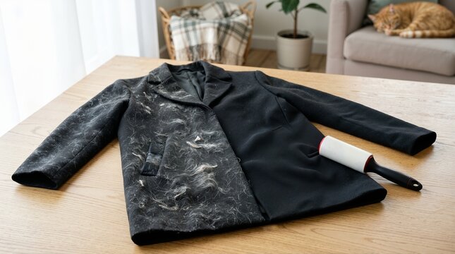 Lint roller cleaning pet hair from a black wool coat. Before and after comparison of removing cat fur from clothing on a wooden table