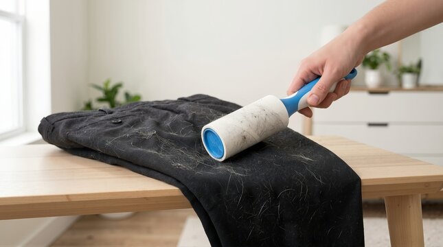 Hand using a lint roller to clean pet hair from black pants. Removing cat or dog fur from clothing on a wooden table