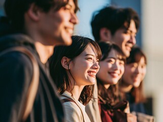 Fototapeta premium 晴れた空の下で談笑し青春の笑顔を見せる若い友人グループ