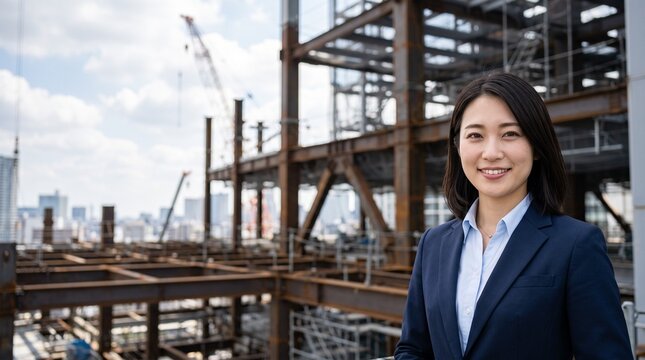 プロフィール写真をイメージした、建築現場の巨大な鉄骨を背にして穏やかな笑顔をカメラに向けている、知的な印象の20代日本人女性社員のバストアップポートレート