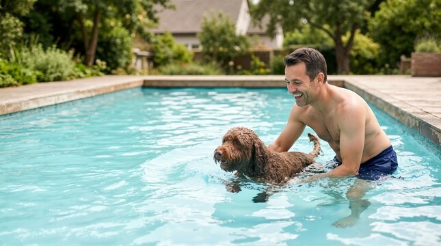 Smiling man swimming with a brown barbet dog in an outdoor pool. Happy pet owner playing with his dog in the water. Summer recreation and pet care concept
