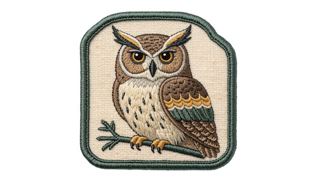 Vintage embroidered owl patch, detailed great horned owl perched on a woodland branch, large expressive eyes, intricate feather stitching, layered embroidery thread, textured woven fabric, thick raise