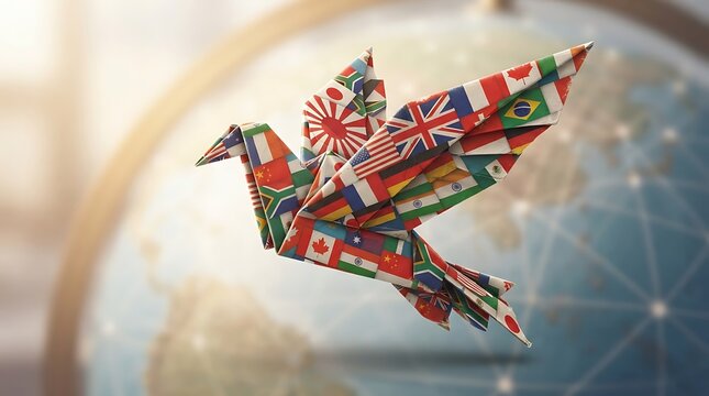 Origami peace dove with world flags, international unity paper bird, global cooperation concept on globe background