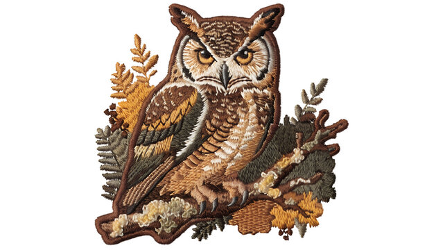 Vintage embroidered owl patch, detailed great horned owl perched on a woodland branch, large expressive eyes, intricate feather stitching, layered embroidery thread, textured woven fabric, thick raise