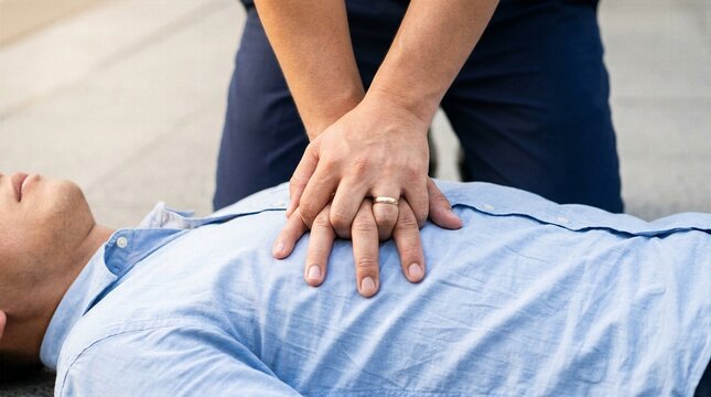 Bare hands applying emergency cardiopulmonary resuscitation chest compressions to unconscious man in blue shirt for first aid training medical rescue and survival concepts