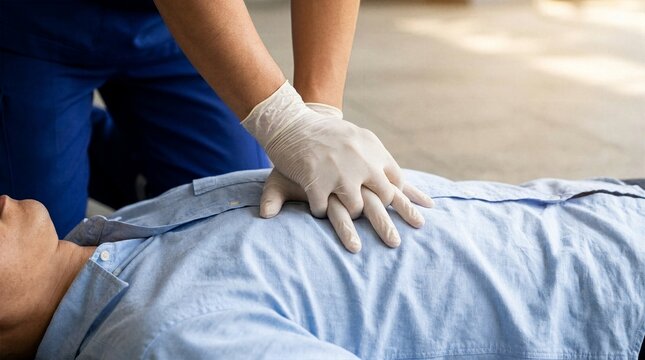 Paramedic wearing white sterile gloves performing urgent CPR chest compressions on adult male patient for emergency medical response healthcare intervention and life support