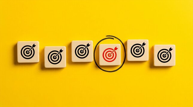Hand drawn black circle highlighting a red bullseye target block among standard black icons on yellow background for unique business strategy focus and competitive goal planning