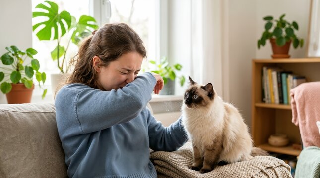 Woman sneezing into her elbow next to a Balinese cat on a sofa. Female pet owner experiencing allergy symptoms at home. Pet dander sensitivity and health concept