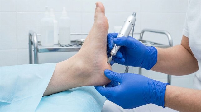 Close up of hardware medical pedicure treatment where podiatry expert uses rotating abrasive burr to smooth rough skin and cracks on human heel