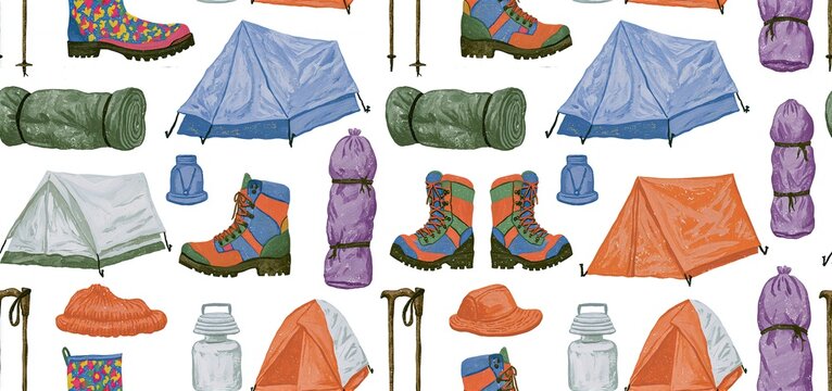 Outdoor adventure pattern showcasing hand-painted hiking equipment and tents with rich textures for fabric or wallpaper.