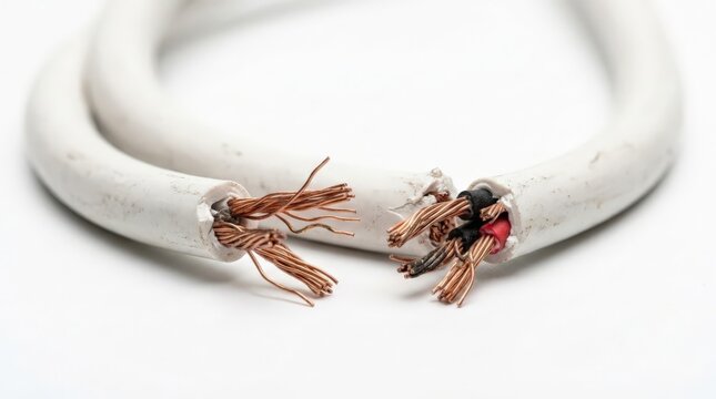 A frayed white electrical cable shows signs of damage related to an electric burn, with exposed copper strands and scorched black wiring isolated against a clean white background