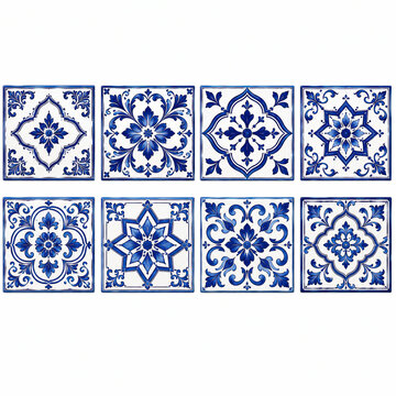 Set of eight blue and white vintage decorative ceramic tile patterns