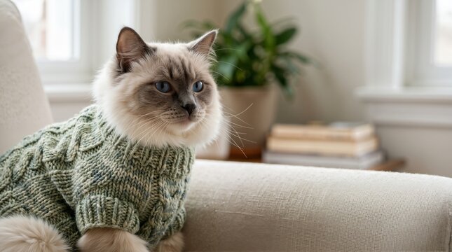 Ragdoll cat wearing a green handmade wool sweater. Close up of a fluffy blue eyed cat in knitted pet clothing sitting on an armchair