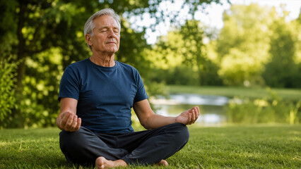 Obraz premium Senior man practicing breathing meditation with closed eyes in a park. Elderly male sitting cross-legged on grass. Mindfulness, wellness and outdoor relaxation concept