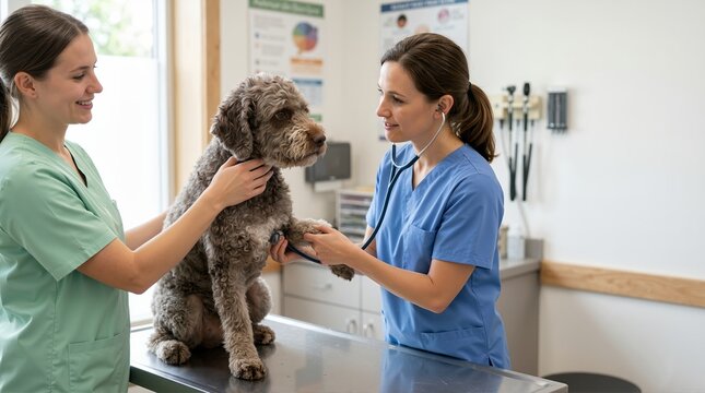 Senior lagotto romagnolo dog undergoing a veterinary wellness exam. Veterinarian using a stethoscope on a pet in a clinic. Animal healthcare and checkup concept
