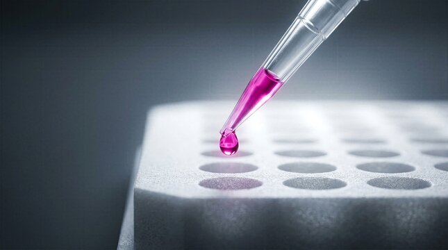 Extreme close up of medical pipette tip releasing a single droplet of vibrant pink biological sample into a white multiwell plate during clinical diagnostic procedure