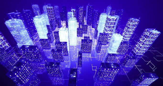 Tech city wireframe animation representing artificial intelligence cloud network and big data. Technology related 3D animation.
