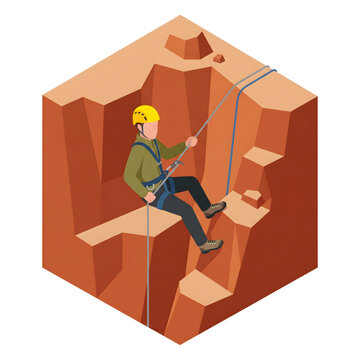 Rock climber wearing a safety helmet and harness descends a steep cliff face using ropes in a challenging adventure sport activity.