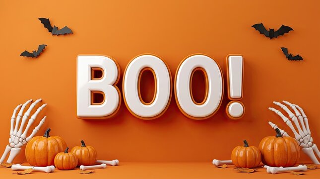 Festive halloween background with white boo text pumpkins skeleton hands and flying bats on orange backdrop