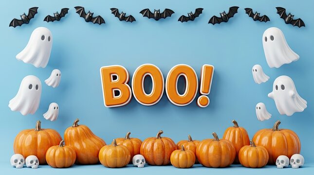 Halloween background with orange boo foil balloons pumpkins bats and cute white ghost decorations on blue