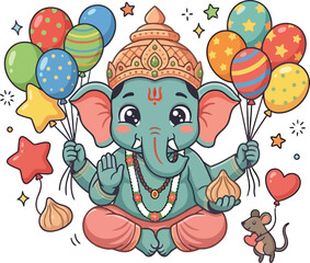 Fototapeta premium Festive Cartoon Bal Ganesha with Colorful Balloons and Modak Vector