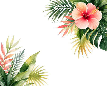 Two diagonally opposite corner clusters of tropical leaves and flowers, a bold group of