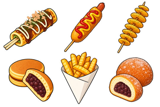 Six deep-fried and batter-based Japanese festival stall snacks arranged in a neat 3x2