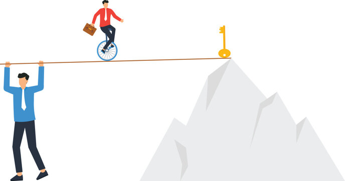Businessman balancing tightrope walking corporate challenge. Risk management achieving success difficult path. Business competition goal key.
